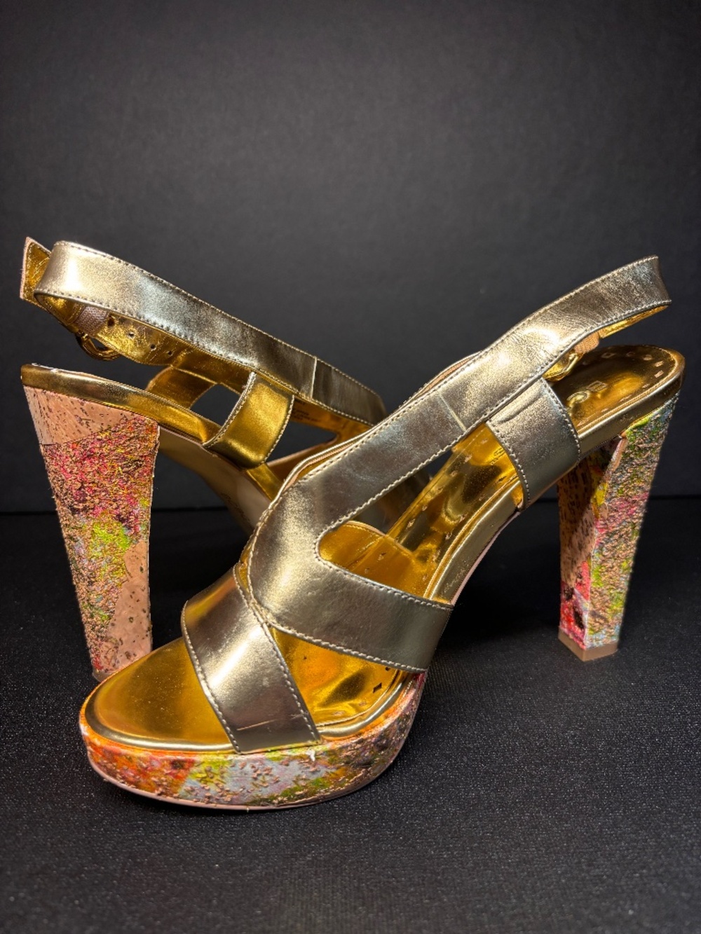 BCBGirls Gold Metallic Platform Heels Abstract Cork Slingback Sandals Size 6B